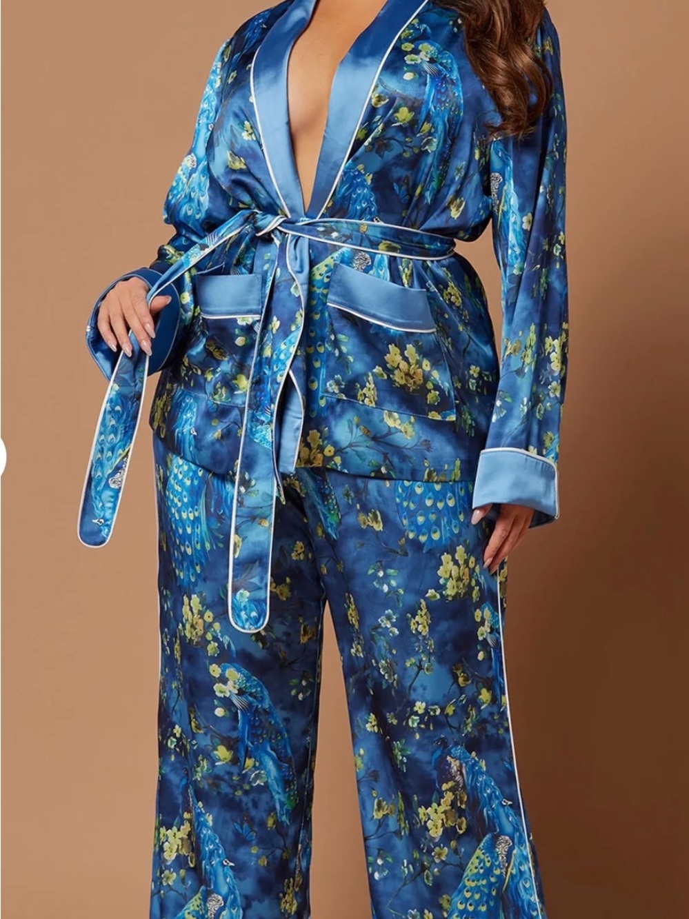 Women's Blue Peacock-Print Satin Pantsuit with Belt